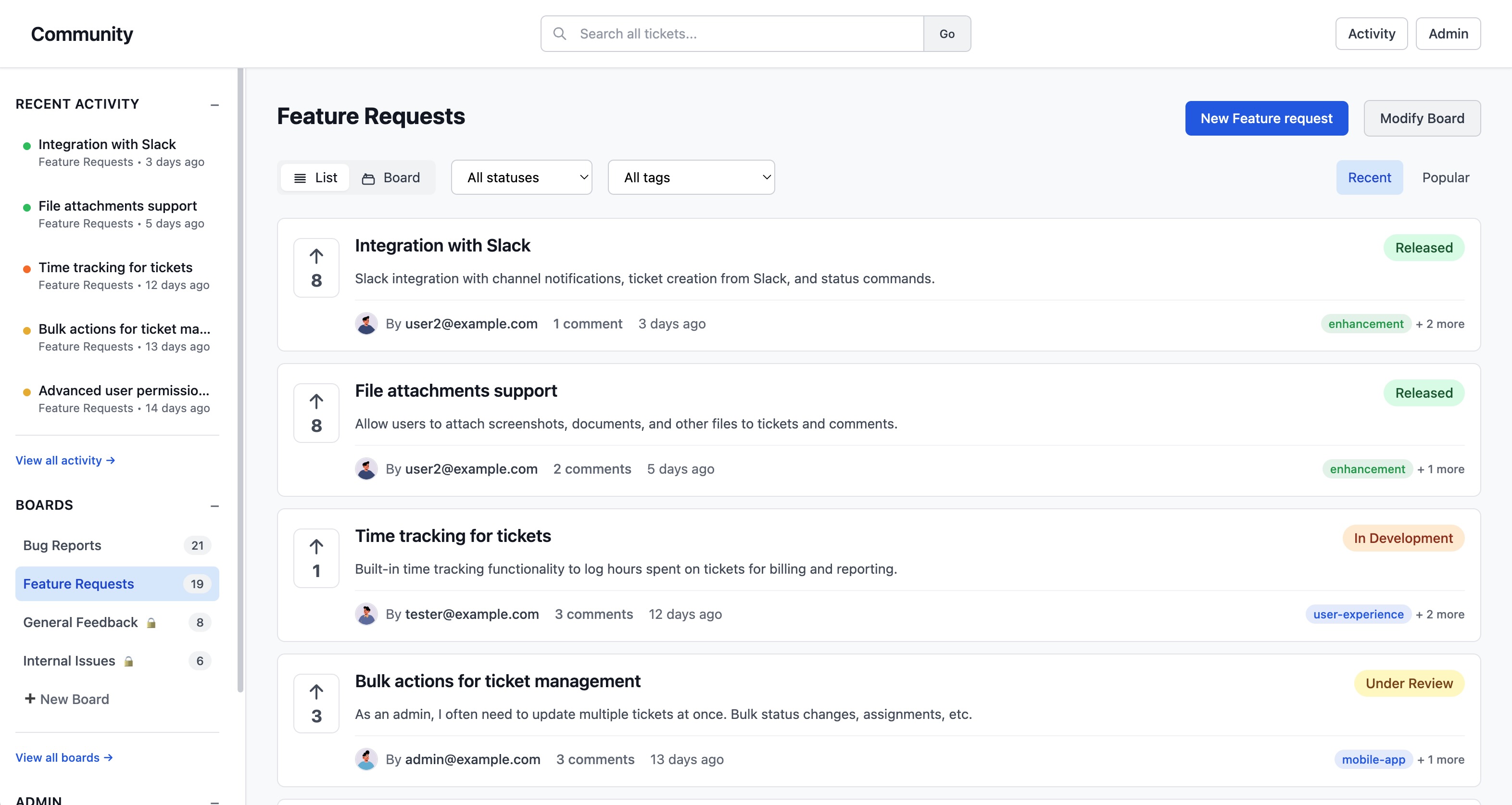 Alto feedback board interface showing ticket listing, voting system, and status management in a Rails application